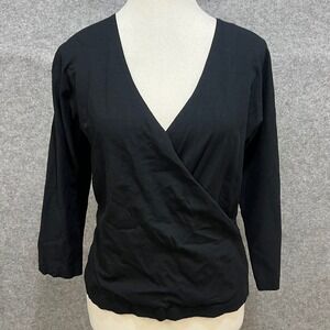 DKNY Womens Black Faux Soft Stretchy Wrap Long Sleeve Blouse Top Size Large